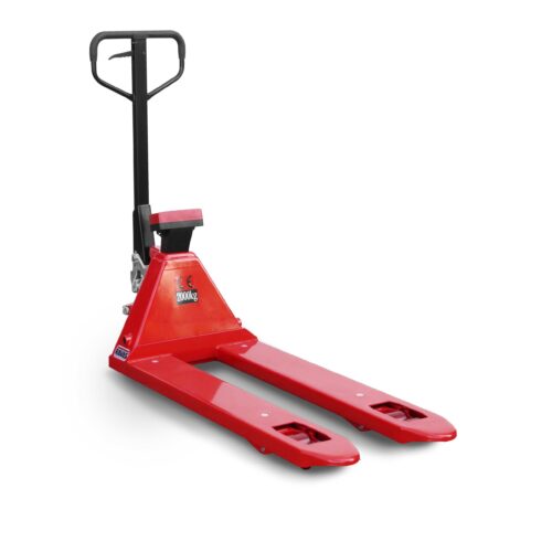 Red manual pallet jack isolated on white background.