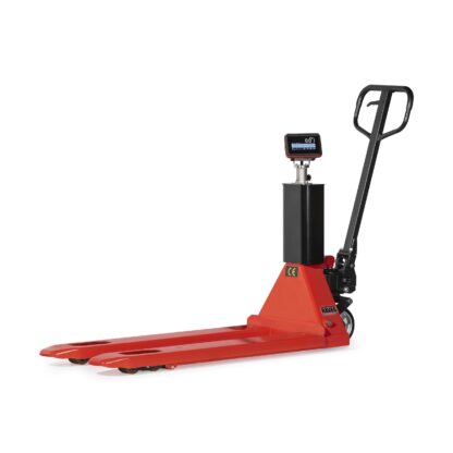 Digital scale pallet truck isolated on white background.