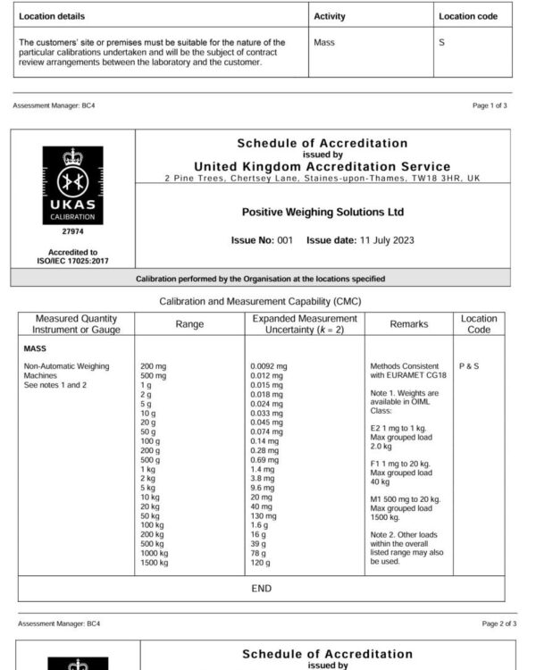 UKAS accreditation certificate for Positive Weighing Solutions.